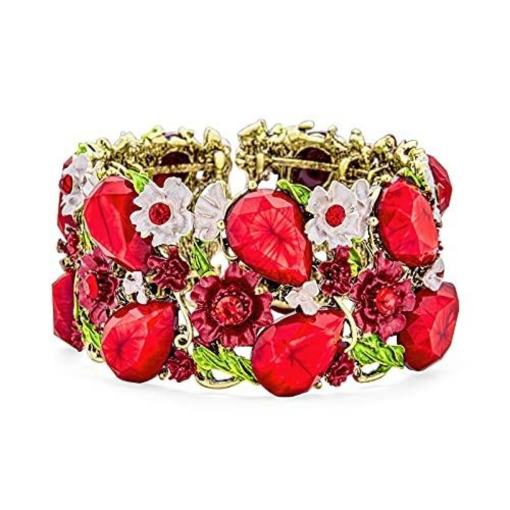 Red Floral Crystal Stretch Bracelet Gold Tone Enamel Flower Statement Jewelry